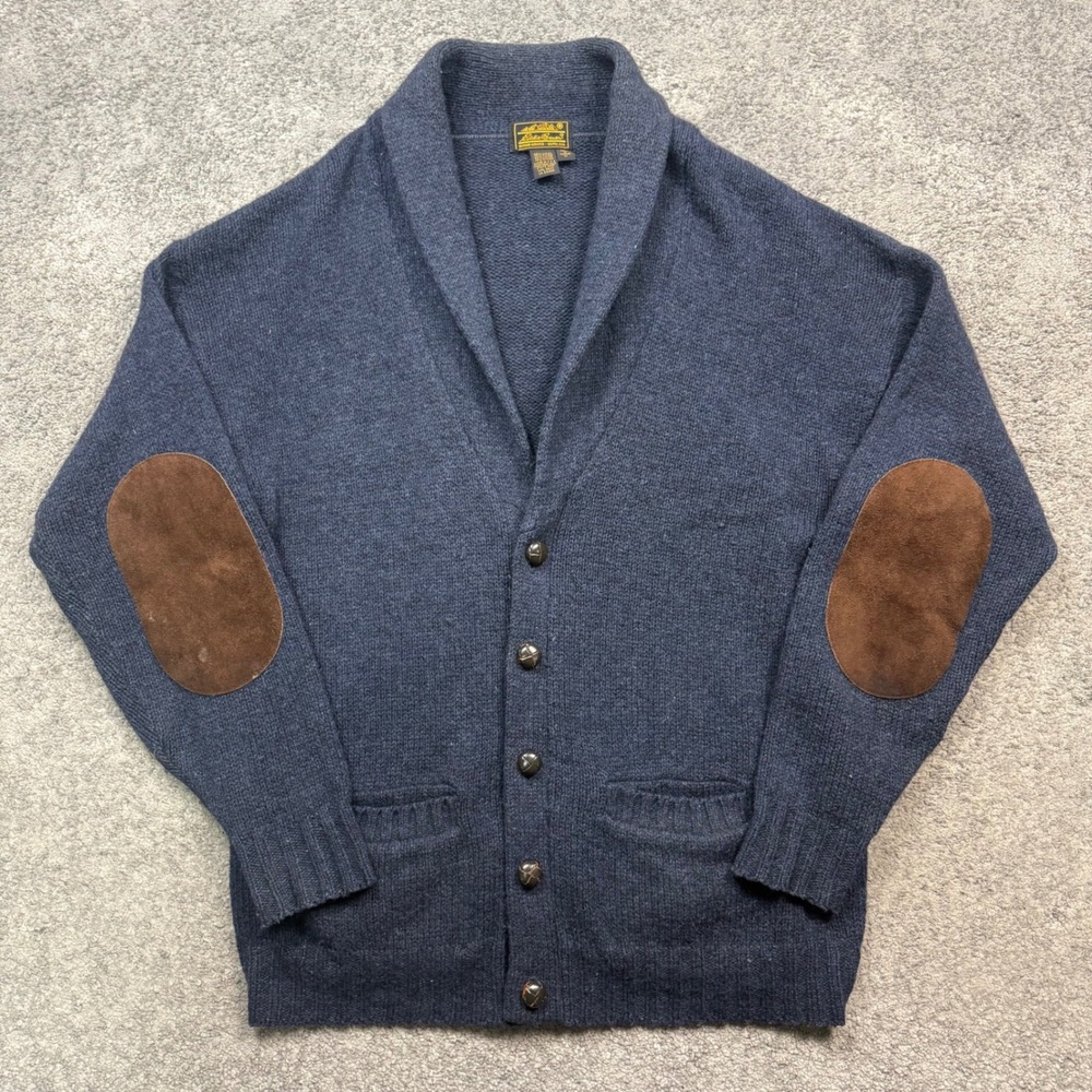 Eddie Bauer Vintage Wool Shawl Cardigan Blue Medium Elbow Patches USA
